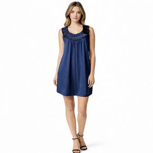 Rare Y2K T-Bags Los Angeles Navy Stretch Satin Mini Dress Floral Appliqué